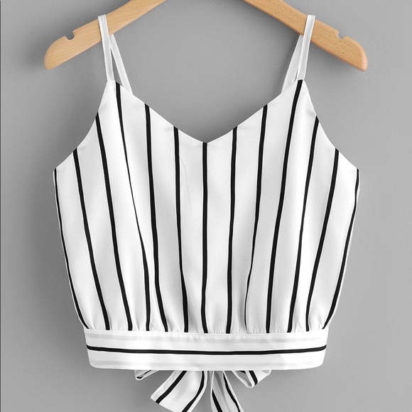 Tops - Black and White Striped Back Tie Crop Tank Top